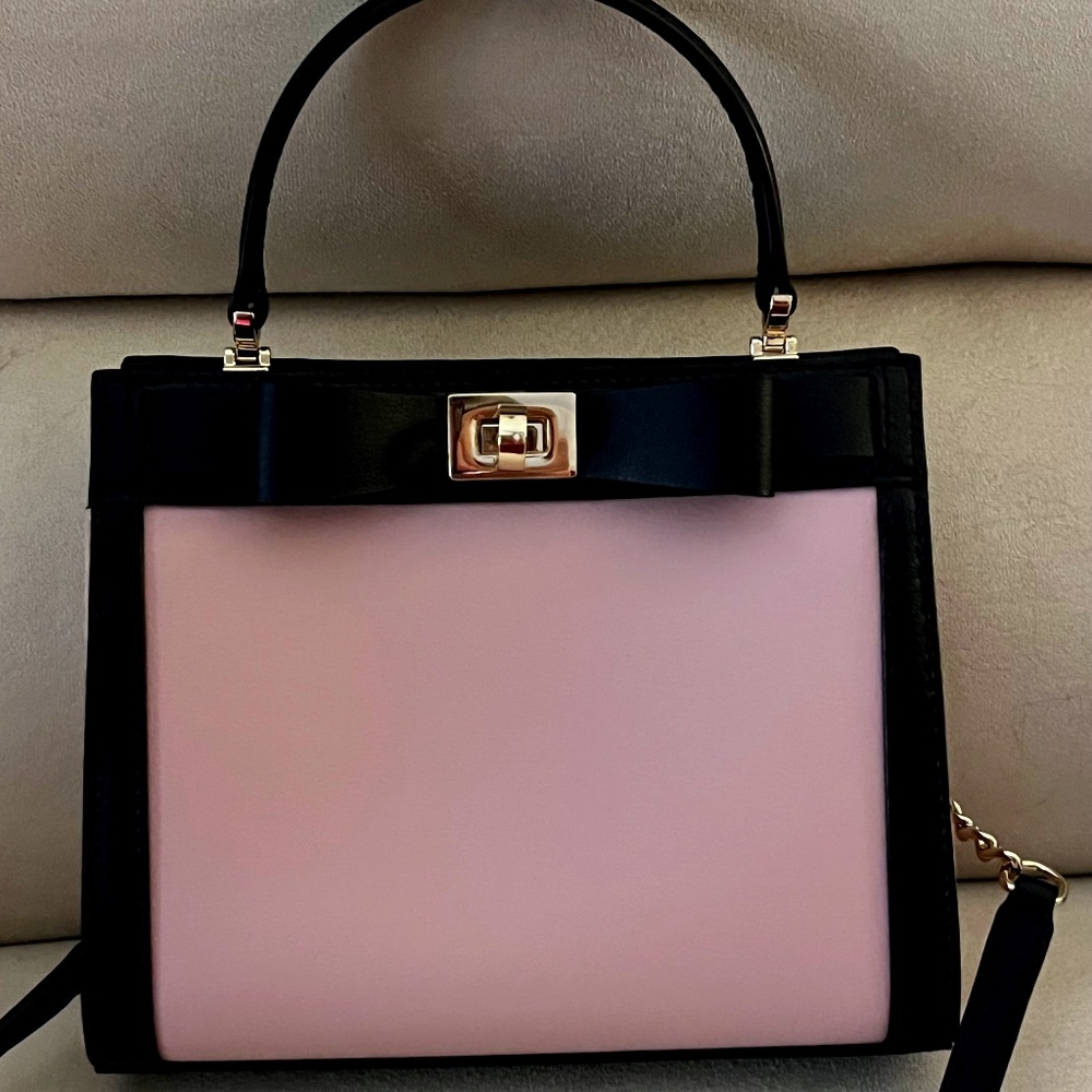 KATE SPADE Pink / Black Mayfair Mini Handbag with Bows Double Twist Locks NWOT